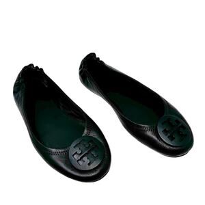 Tory Burch Minnie Travel Flats Black Leather Tonal Logo Ballet Shoes Size 7